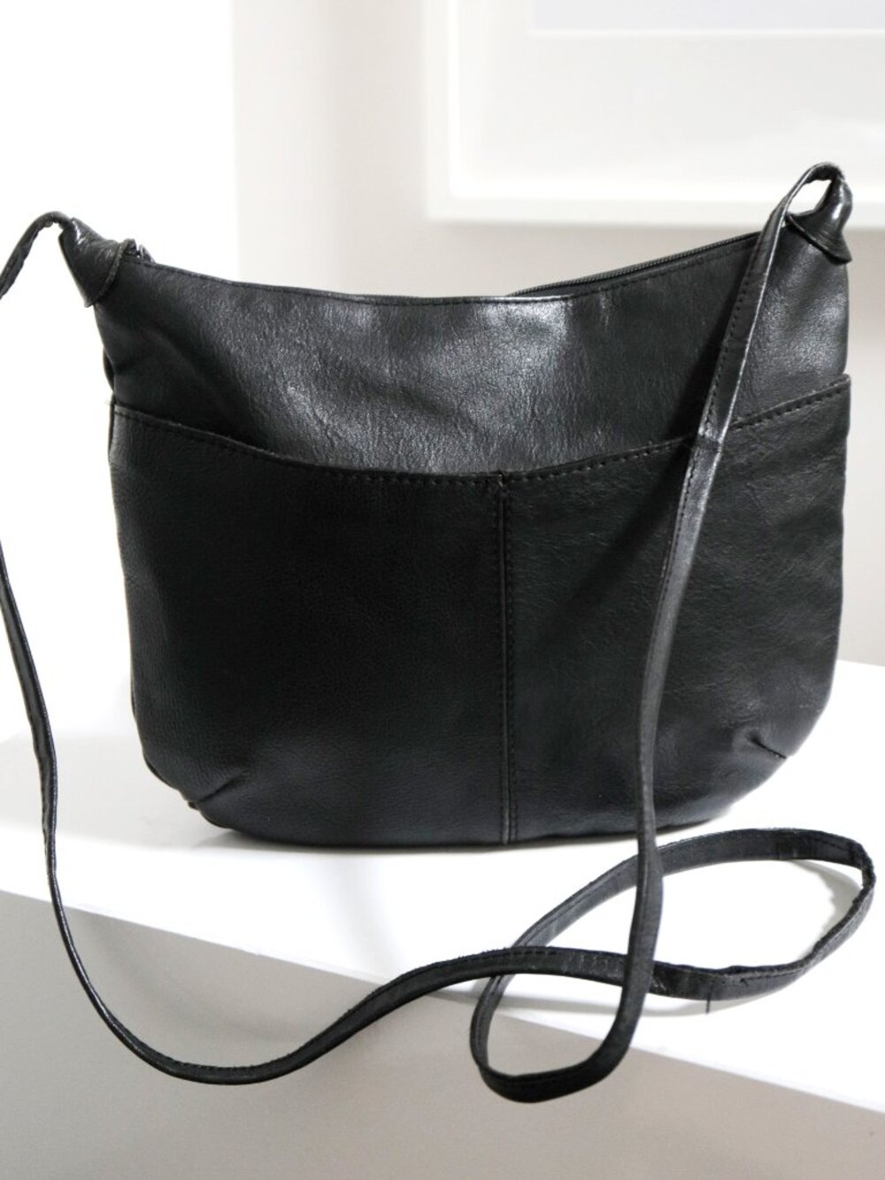 Black Leather Shoulder Flat Half Moon Saddle Crossbody Bag Cabrelli Montreal